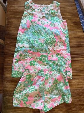 Lilly Pulitzer Girls Floral Pink & Green Cotton Skirt Set